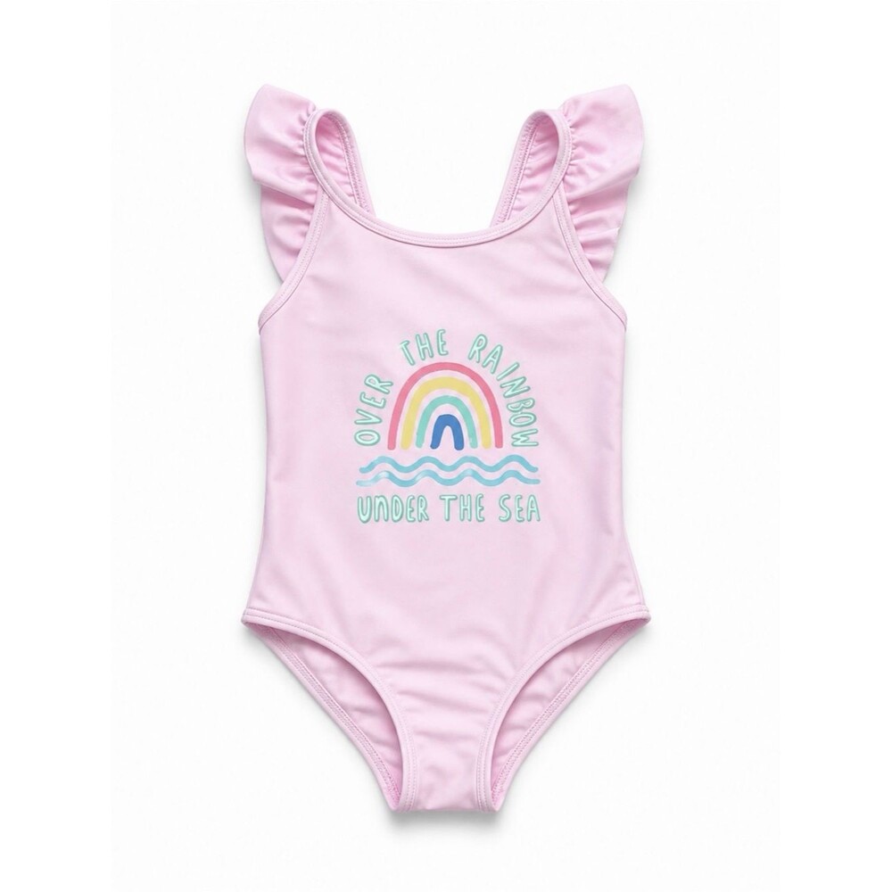 M&S Pink Rainbow One Piece Swimsuit 4T Ruffle Strap Graphic Beach Pool